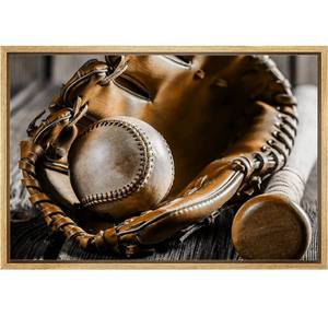 lot 57797 image: wall26 Framed Wall Art Print Set Baseball Mitt & Ball on Wood Panels Sports Athletes Photography Modern Art Modern Scenic Colorful Ultra for Living Room, Bedroom, Office - 16x24 Natural