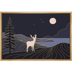 lot 57798 image: wall26 Framed Canvas Print Wall Art Deer Over Golden Mountain Lake Landscape Nature Animals Illustrations Folk Art Rustic Scenic Multicolor Ultra for Living Room, Bedroom, Office - 16x24 Natural