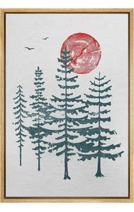 lot 57807 image: wall26 Framed Canvas Print Wall Art Green Forest Trees Under Red Wood Ring Moon Nature Wilderness Illustrations Modern Rustic Scenic RelaxCalm for Living Room, Bedroom, Office - 16x24 Natural