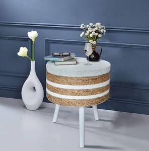 lot 57813 image: B.U.STYLE Storage Ottoman Seat Stool, Farmhouse End Table, Foot Stool Seat Dressing Chair, Side Table for Living Room Furniture, KD Legs, Natural, White, Dia 18.5 inch x 20.8 inch H