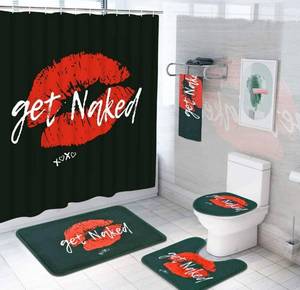 lot 57820 image: 5 Pcs Get Naked Shower Curtain Sets with Rugs and Towels, Include Non-Slip Rug, Toilet Lid Cover, Bath Mat and 12 Hooks, Red Funny Kiss Shower Curtain Waterproof Bath Curtain