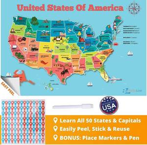 lot 57830 image: BETTERLINE USA Map Poster Sticker for Kids Room Wall Decal - Easy to Install, Peel & Stick - United States of America - Includes Location Stickers (24 x 36 Inches)