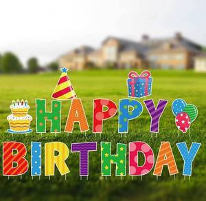lot 57837 image: KUUQA 18Pcs Happy Birthday Yard Signs with Stakes 15.8 Inches Tall Lawn Letters, Birthday Yard Signs with Balloons, Birthday Cake, Hat, Gift and Star for Outdoor Birthday Party Decorations
