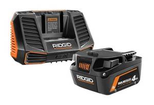 lot 69762 image: $$ RIDGID 18V Lithium-lon MAX Output 4.0 Ah Battery and Charger Starter Kit, Retail $179