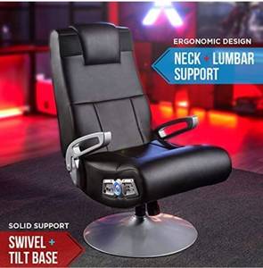 lot 73427 image: X Rocker SE Pro Video Gaming Lounging Pedestal Chair with Wireless Audio, 2 Speakers & Subwoofer, Tilt & Swivel, Ergonomic Lumbar & Neck Support, Armrests, Comfortable, Black Silver