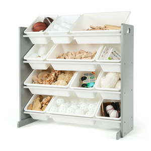 lot 73434 image: Humble Crew Children Wood and Plastic Organizing Rack with 12 Bins Gray and White
