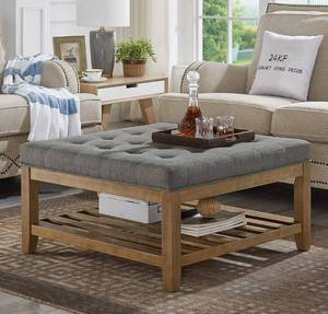 lot 73441 image: 24KF Large Square Upholstered Tufted Linen Ottoman Coffee Table , Large Footrest Ottoman with Solid Wood Shelf-Granite