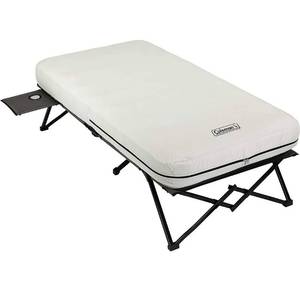 lot 73443 image: Coleman Camping Cot, Air Mattress, and Pump Combo  Folding Camp Cot and Air Bed with Side Tables and Battery Operated Pump