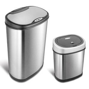 lot 73446 image: NINESTARS CB-DZT-50-1312-9 Automatic Touchless Infrared Motion Sensor Trash Can Combo Set, 13 Gal 50L & 3 Gal 12L, Stainless Steel Base (Oval, SilverBlack Lid) (B00NF64S8Q)