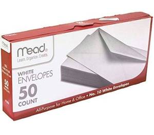 lot 69829 image: Mead #10 Envelopes, Gummed Closure, All-Purpose 20-Ib Paper, 4-18 x 9-12, Plain White, 50Box, Case of 17
