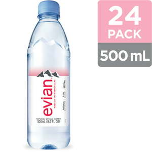 lot 200002 image: evian Natural Spring Water Bottles, Naturally Filtered Spring Water, 500 ML bottle, 24 Count