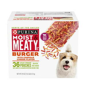 lot 200021 image: Purina Moist & Meaty Dry Dog Food Burger with Cheddar Cheese Flavor 36 Ct. Pouch