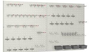 lot 24053 image: TORACK 97pcs Garage Storage, 48x24 inch Pegboard Wall Organizer, Metal Pegboard with Hooks, Garage Storage Bins, Utility Tool Board, Panel Tool Organizer, Silver