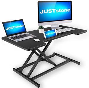 lot 24055 image: BLUE STONE Standing Desk Converter, Home Office Desk Dual Monitor 36 Inches Adjustable Height Computer Workstations, 5.12-20.27 Adjustable Stand Up Desk, Black (36x15.75��-L)