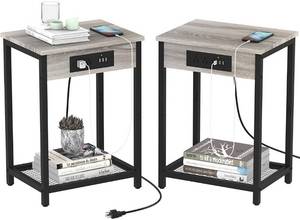 lot 24083 image: Nightstand with Charging Station Set of 2 End Table with USB Ports and Power Outlets Modern Side Table for Bedside Sofa in Bedroom Living Room Farmhouse, Grey and Black