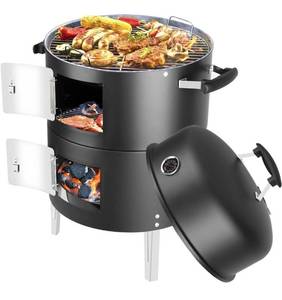 lot 24088 image: SUNLIFER Portable Charcoal BBQ Grill Outdoor Small Charcoal Grills with Meat Smoker Combo for Backyard Patio Barbecue  Outdoor Smoking  Camping BBQ  Outside Cooking