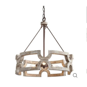 lot 24170 image: ISAIAH DISTRESSED PINE WOOD DRUM CHANDELIER
