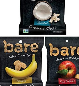 lot 110061 image: Bare Baked Crunchy Fruit Snack Pack, Gluten Free, Apples, Bananas, and Coconut Flavors, 0.53 Ounce (Pack of 16)