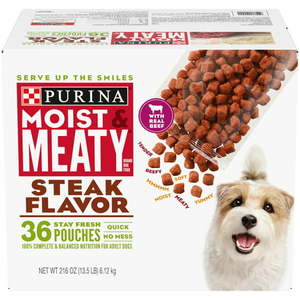 lot 110072 image: Purina Moist & Meaty Wet Dog Food Steak Flavor 36 Ct. Pouch