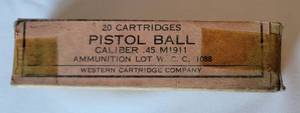 lot 1134 image: 20 Rounds in Original Sealed Box of Vintage Western Cartridge Company Pistol Ball Cartridges .45 Caliber M1911