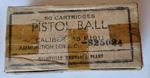 lot 1136 image: 50 Rounds in Original Sealed Box 1943 Vintage 45 ACP WWII Evansville Ordnance Plant Evansville Indiana (Chrysler) Manufacturer