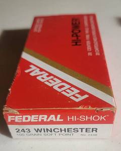 lot 1177 image: Federal HI-SHOK 243 Winchester 100 Grain Soft Point - 20 Cartridges - No. 243B
