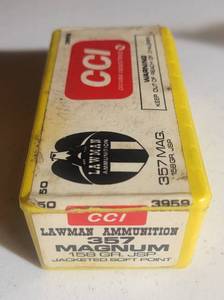 lot 1180 image: CCI Lawman Ammunition 357 Magnum 158 Grain Jacketed Soft Point - Box of 30 -  3959