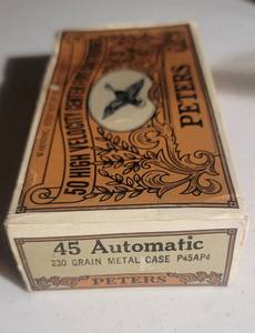 lot 1182 image: Peters 45 Automatic 230 Grain Metal Case - Box of 21 Cartridges - P45AP4 - Collectible Vintage Box
