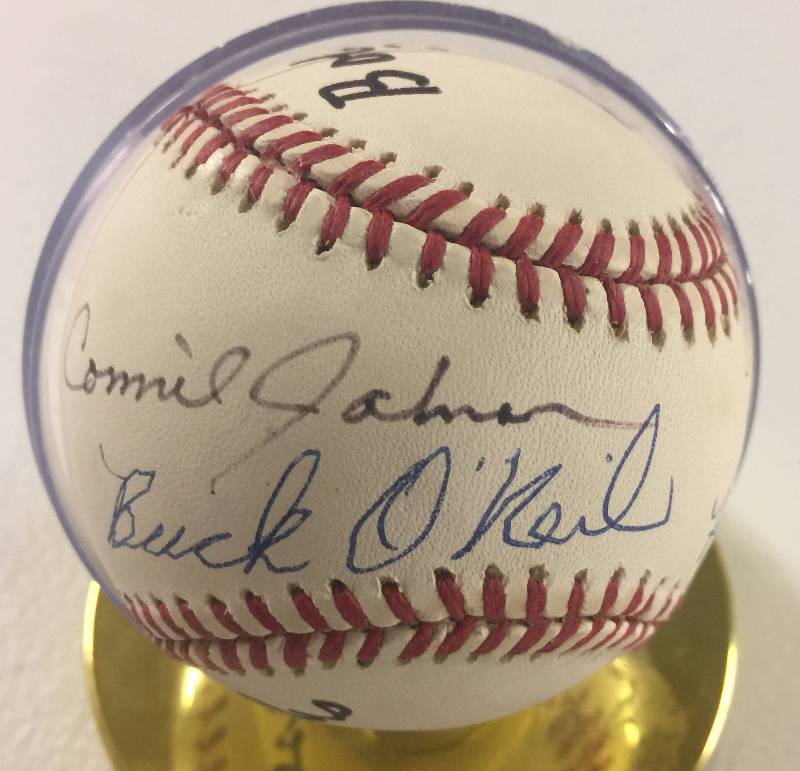lot 1004 image: Signed Negro Leagues Official Baseball Buck ONeil and 7 Other Signatures