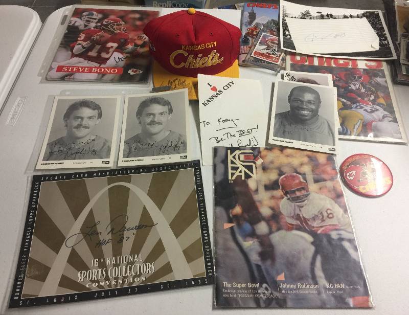 lot 1101 image: Kansas City Chiefs Signed Autograph Lot Hat Photos Len Dawson x2, Trent Green, Otis Taylor, Christian Okoye  more