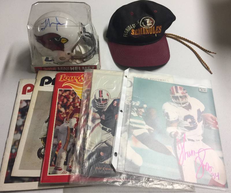lot 1105 image: Autograph Football Lot Thurman Thomas 8x10 Arizona Cardinals Mini Helmet