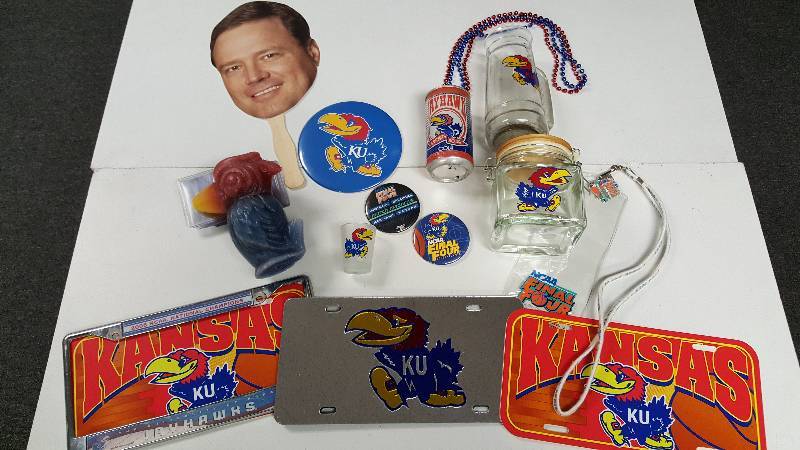 lot 1089M image: Kansas Jayhawks Fan Lot KU Vintage Soda Can, Buttons, Pennant, Lanyard & More