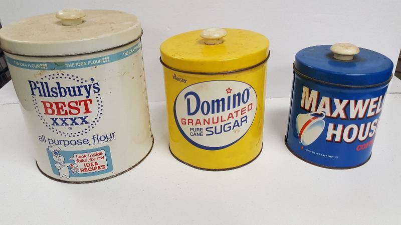 lot 1089V image: Original Vintage Flour Sugar & Coffee Canister Containers Pillsbury Doughboy Domino Maxwell House