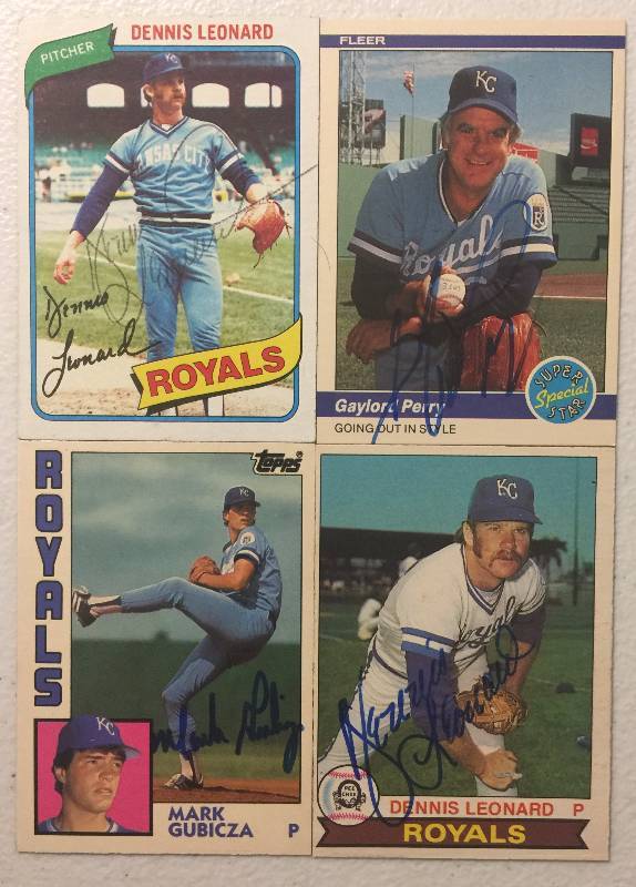 lot 1112 image: Lot of 4 Signed Kansas City Royals Baseball Cards Gaylord Perry Mark Gubiza & Dennis Leonard