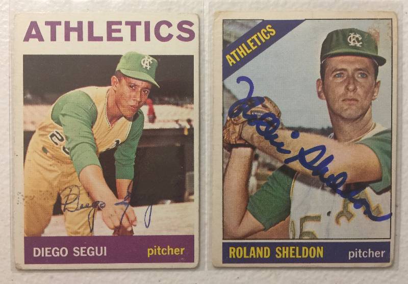 lot 1114 image: Lot of 2 Kansas City Athletics As Signed Baseball Cards Diego Segui & Roland Shelton
