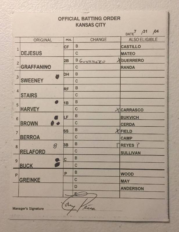 lot 1133 image: 2004 Kansas City Royals Official Game Used Lineup Card Signed by Tony Pena