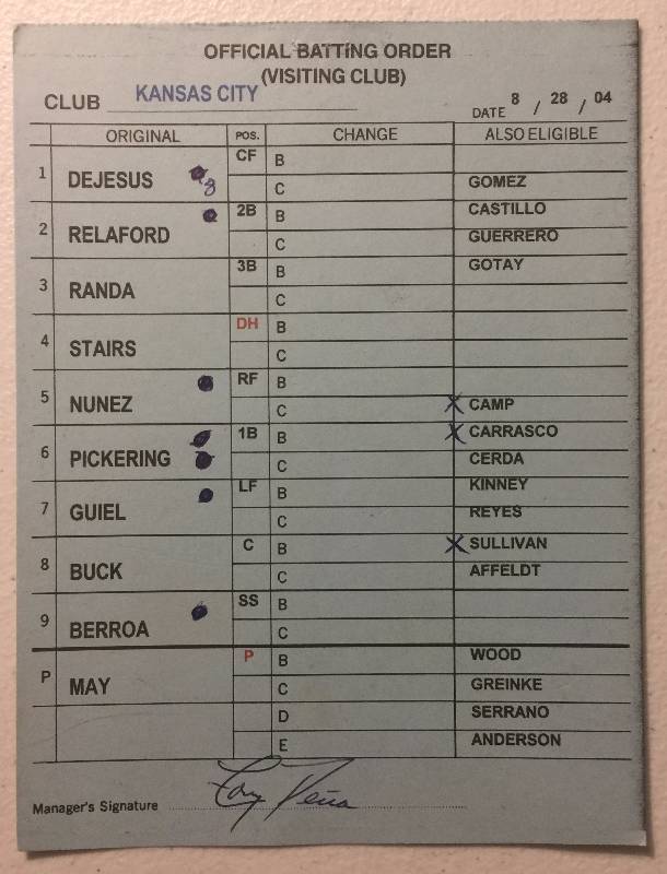 lot 1137 image: 2004 Kansas City Royals Official Game Used Lineup Card Signed by Tony Pena