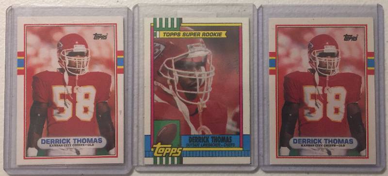 lot 1063 image: 1989 & 1990 Derrick Thomas Football Cards 2 Topps Rookie Cards & Super Rookie