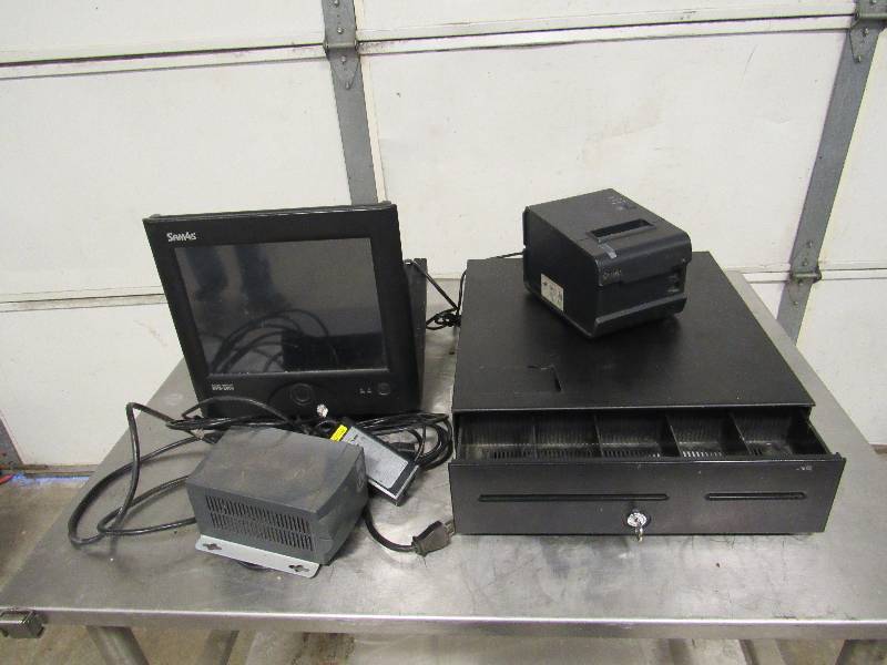 lot 1022 image: Sam4s Touch Pos System w Cash Drawer, Thermal Printer And Power Supply