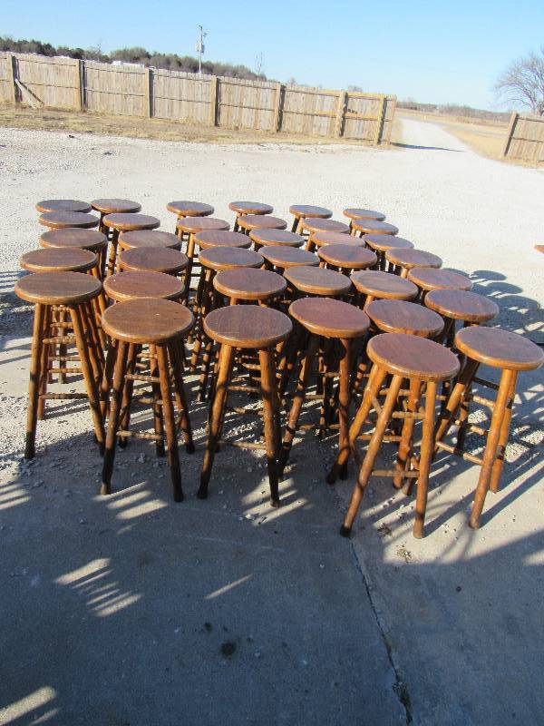lot 1081 image: Lot of (37) Light Wood Finished Wooden Stools