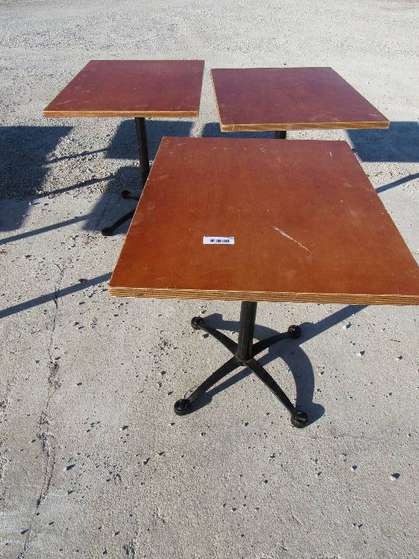 lot 1084 image: (3) Standard Height 30x24 Light Wood Finished Single Metal Base Tables