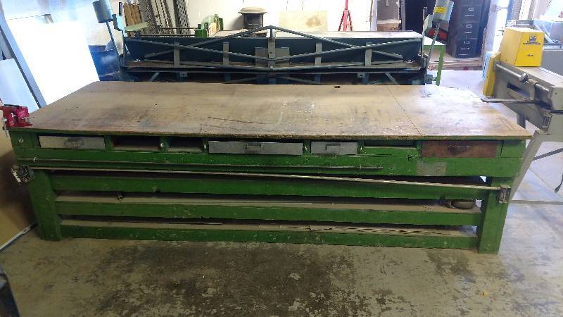 lot 1022 image: Large Wood Table with Drawers and shelves