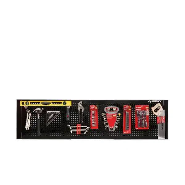 lot 67243 image: Husky 52 in. W to 72 in. Adjustable Pegboard, Gloss Black Retail Retail Retail $79.98