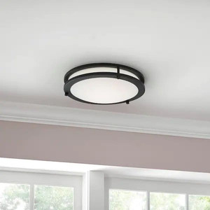 lot 66227 image: Hampton Bay Flaxmere 12 in. Bronze Dimmable LED Flush Mount Ceiling Light with Frosted White Glass Shade -Retail $36.97