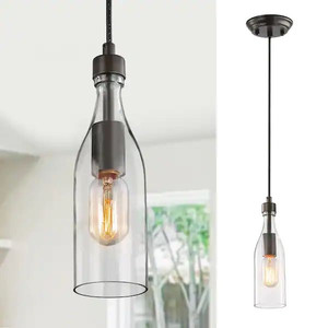 lot 66229 image: Linear Bronze Pendant Light 1-Light Modern Glass Island Chandelier Hanging Light with Wine Industrial Bottle Shades by LNC -Retail $69.00