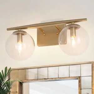 lot 66241 image: Modern Globe Bathroom Vanity Light 2-Light Gold Bedroom Wall Sconce Light Powder Room Wall Light with Clear Glass Shade Retail $ 149.99