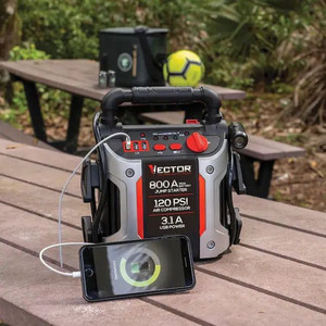 lot 66256 image: Vector 800 Peak Amp Jump Starter, 120 PSI Air Compressor, Three USB Charging Ports, Rechargeable Retail $59.99