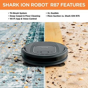 lot 66257 image: Shark ION Robot Vacuum Cleaner RV871 with Wi-Fi and Voice Control, 0.6 Quart, Black Retail $299.99