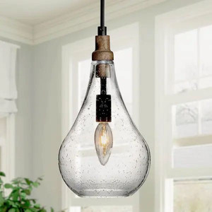 lot 66258 image: Uoflin Modern Farmhouse Teardrop Kitchen Island Pendant Lighting Maya 1-Light Black Wood Pendant Light with Seeded Glass Shade Retail $129.99