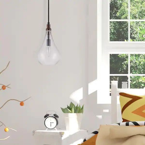 lot 66279 image: Merra 1-Light Walnut Farmhouse Mini Pendant with Teardrop Glass Shade and Wood Accent Retail $55.99